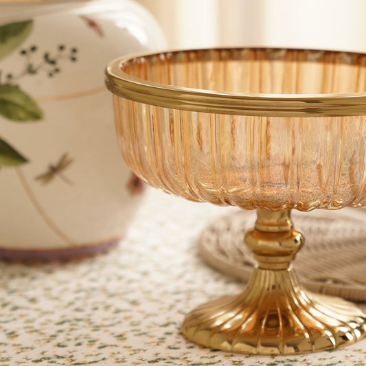 Gold Ribbed Glass Decorative Bowl with Stand