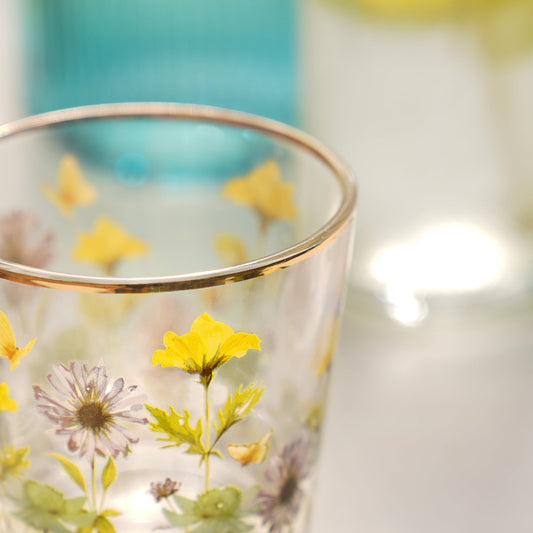 Set of 2 Clear & Yellow Floral Print Drinking Glasses