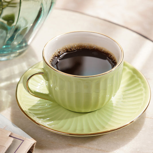 Set of 2 Green Ceramic Ribbed Cups and Saucers