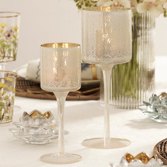Set Of 2 Pearl & Gold Patterned Stem Glass Candle Holders