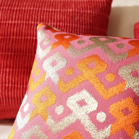Pink and Orange Embroidered Cushion Cover