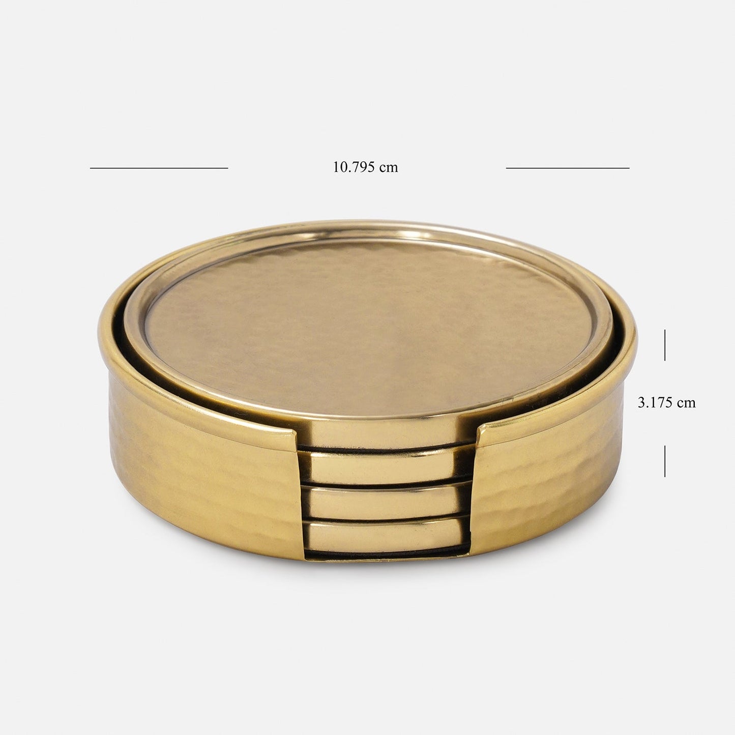Set Of 4 Gold Matt Hammered Metal Coasters with Stand
