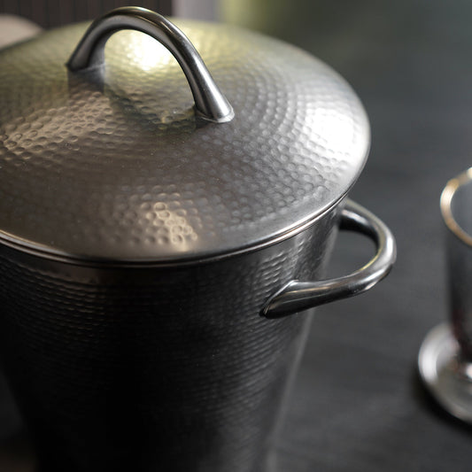 Grey Matt Hammered Metal Ice Bucket with Lid & Tong