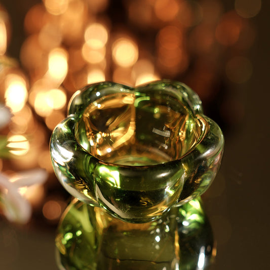 Set of 4 Green Glass Flower Shaped Tealight Holders