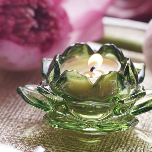 Set of 3 Green Glass Lotus Shaped Tealight Holders