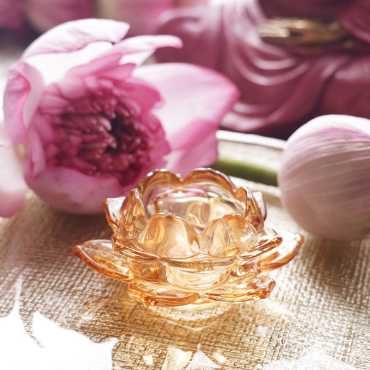 Set of 3 Light Amber Glass Lotus Shaped Tealight Holders