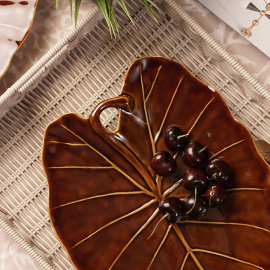 Brown Cinnabar Elephant Ear Leaf Shaped Ceramic Platter