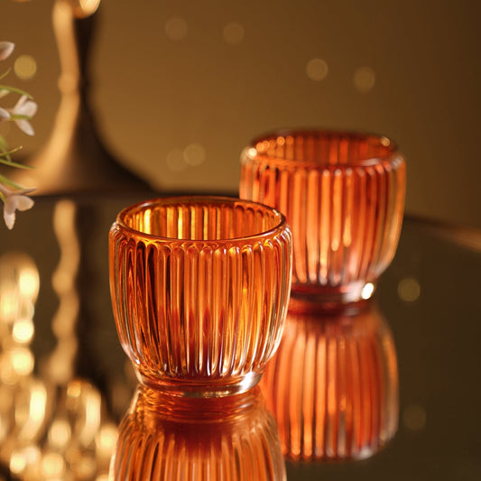 Set of 4 Orange Glass Ribbed Tealight Holders - Small