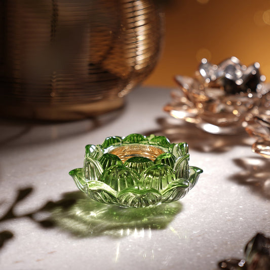 Set of 2 Green Glass Floral Shaped Tealight Holders