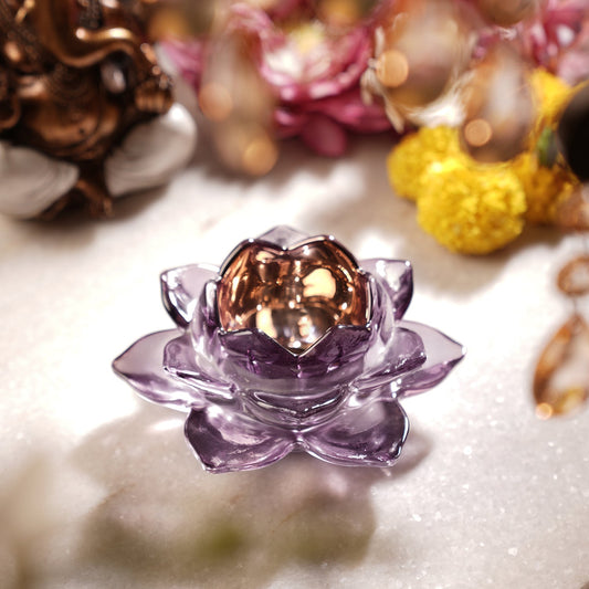 Set of 2 Purple Glass Lotus Shaped Tealight Holders