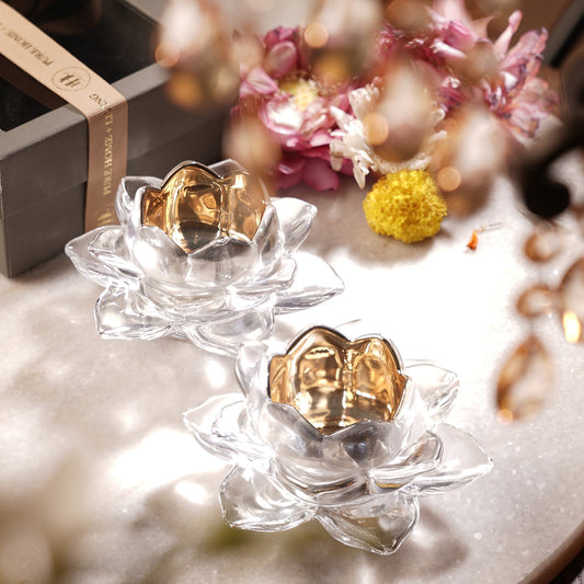 Set of 2 Clear Glass Lotus Shaped Tealight Holders