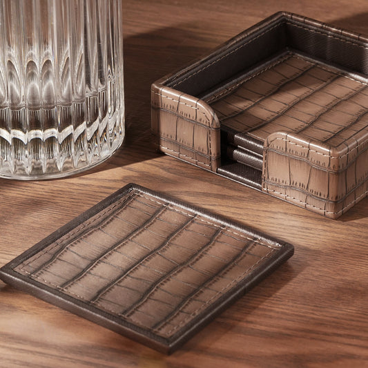 Set of 4 Brown Croco Texture Faux Leather Coasters
