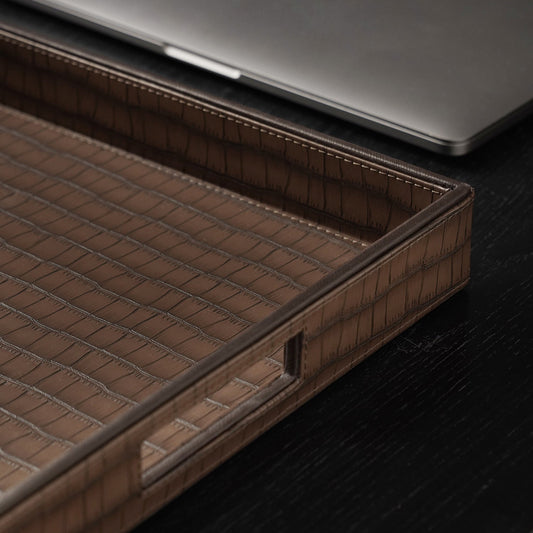 Brown Croco Texture Faux Leather Square Tray