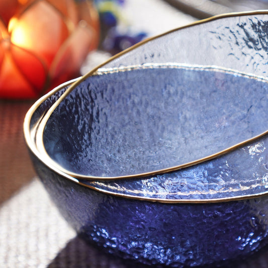 Set of 2 Blue Textured Rim Detail Bowls - Small