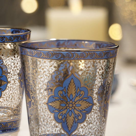 Set Of 2 Bue & Gold Floral Motif Printed Drinking Glasses