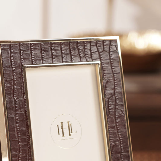 Gold Plated Croco Faux Leather Photo Frame - Medium