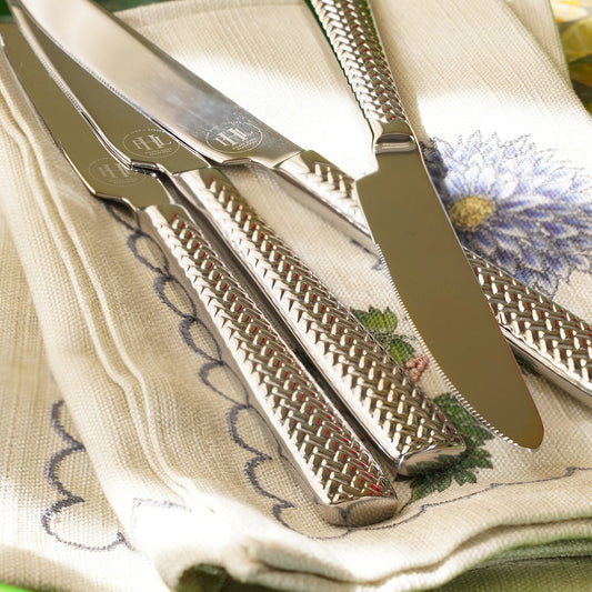 Set Of 6 Silver Steel Dessert Knives with Zig Zag Texture