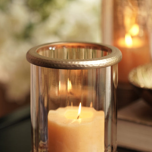 Amber & Gold Glass Candle Holder with Metal Base - Small