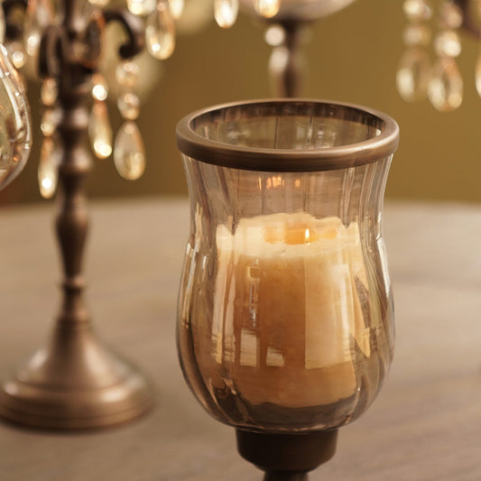 Brown Antique Finish Glass Candle Holder with Metal Handle