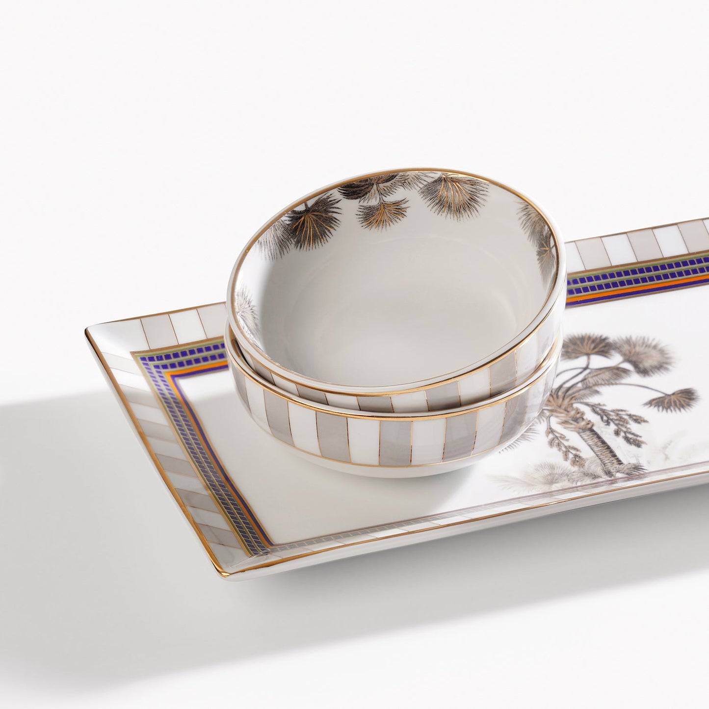 Beige & White Palmier Print Porcelain Tray with Bowls