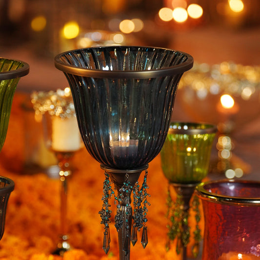 Blue Votive Candle Holder with Stand & Crystals - Large