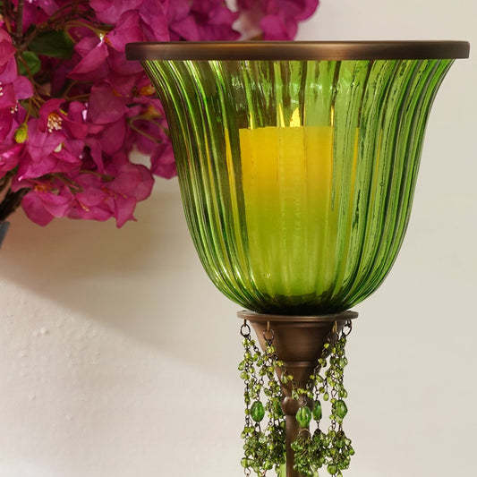 Green Votive Candle Holder with Stand & Crystals - Large