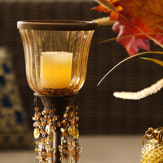 Amber Votive Candle Holder with Stand & Crystals - Small