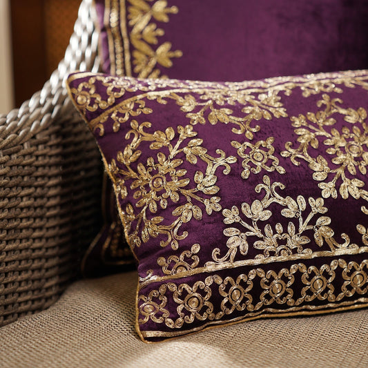 Purple Zari Embroidered Velvet Rectangle Cushion Cover