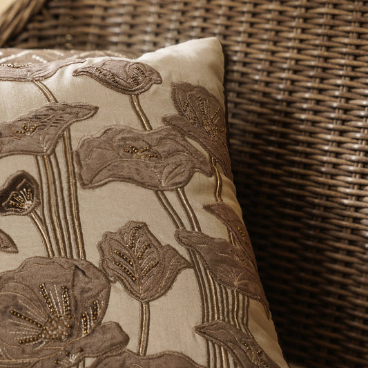Beige & Brown Floral Embroidered Square Cushion Cover