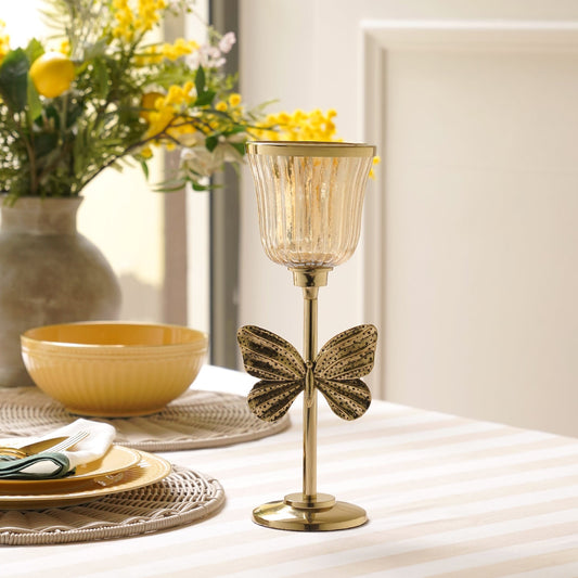Gold & Glass Butterfly Inspired Candle Holder - Small