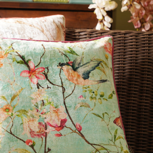 Blue Printed Velvet Square Cushion Cover