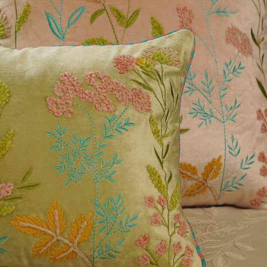 Green Multi Coloured Embroidered Rectangle Velvet Cushion