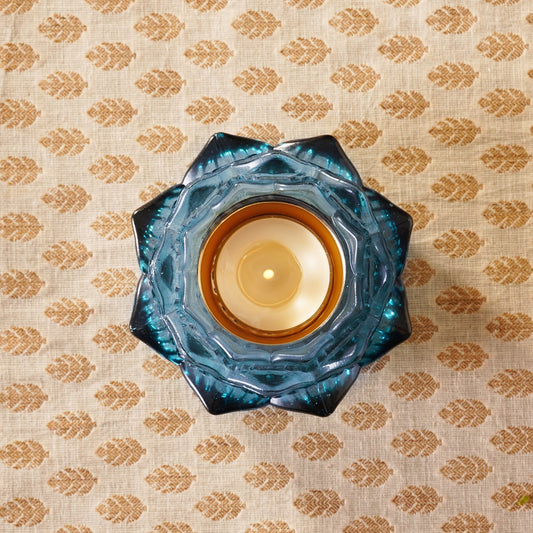 Set of 2 Blue Glass Floral Shaped Tealight Holders