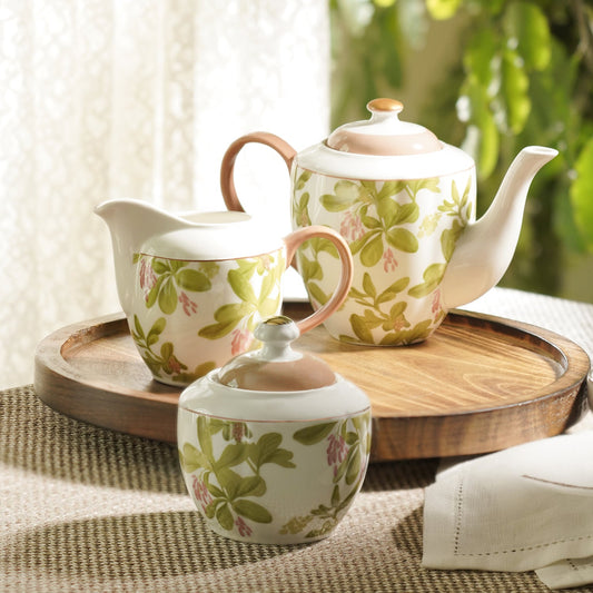 Set of 3 Pink Printed Bone China Tea Set