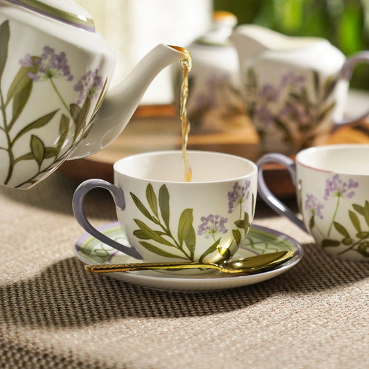 Set of 2 Purple Prined Bone China Tea Cups & Saucers