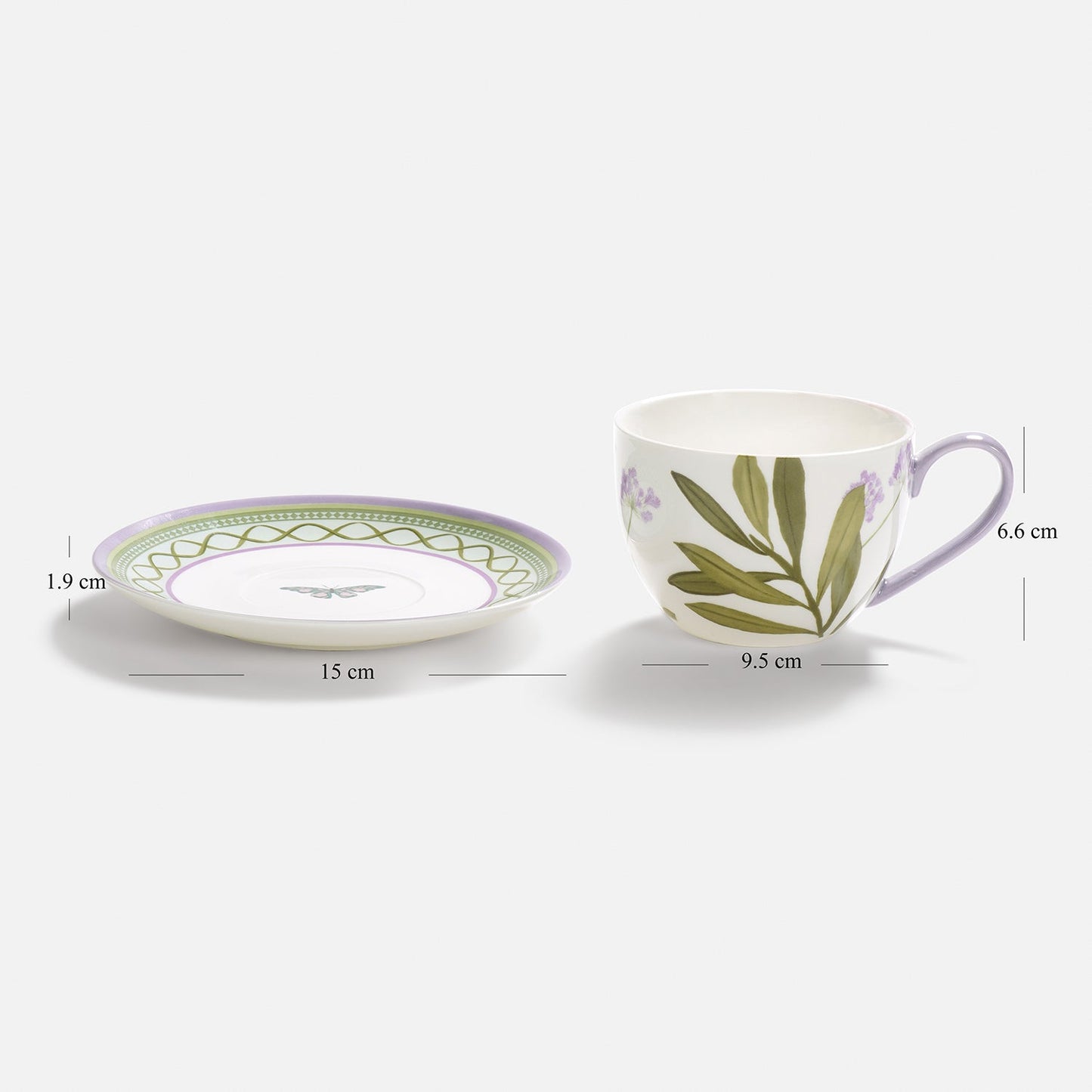 Set of 2 Purple Prined Bone China Tea Cups & Saucers