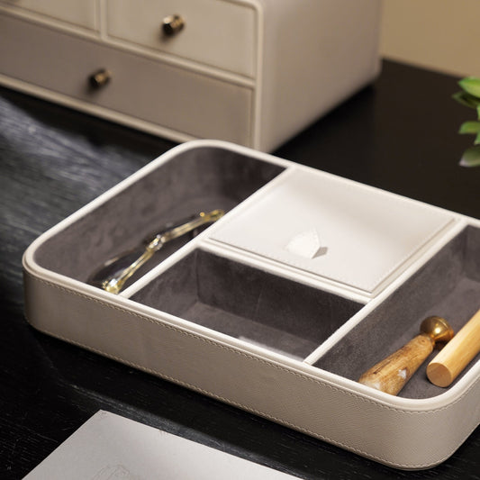 Beige 4 Compartment Faux Leather Organiser Tray