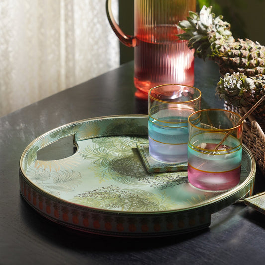 Green Como Printed Faux Leather Round Serving Tray