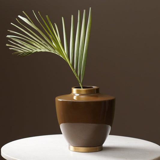 Brown Ceramic Bottleneck Vase with Gold Rim