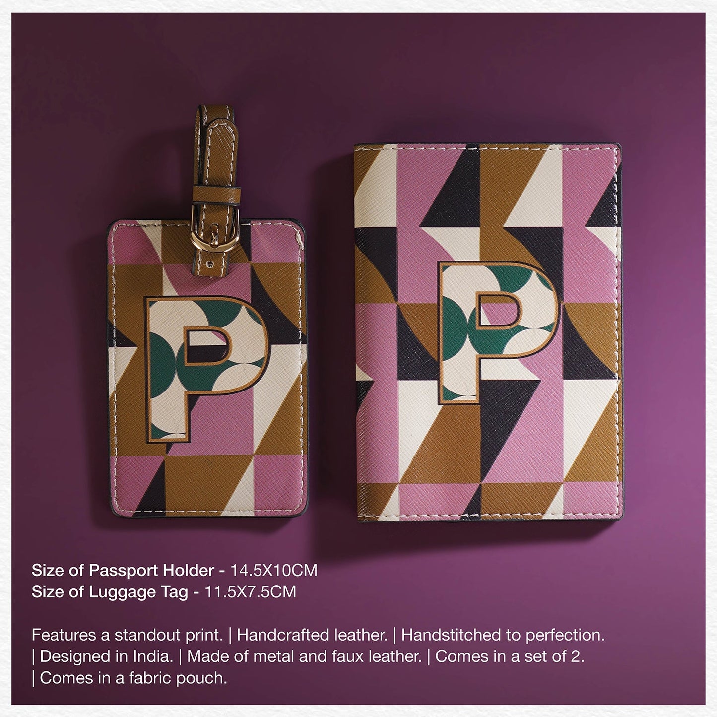 Set of 2 Pink & Green T Passport Holder & Luggage Tag
