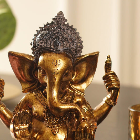 Ivory Antique Gold Polyresin Sitting Ganesha - Large