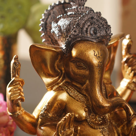 Orange Antique Gold Polyresin Sitting Ganesha - Large