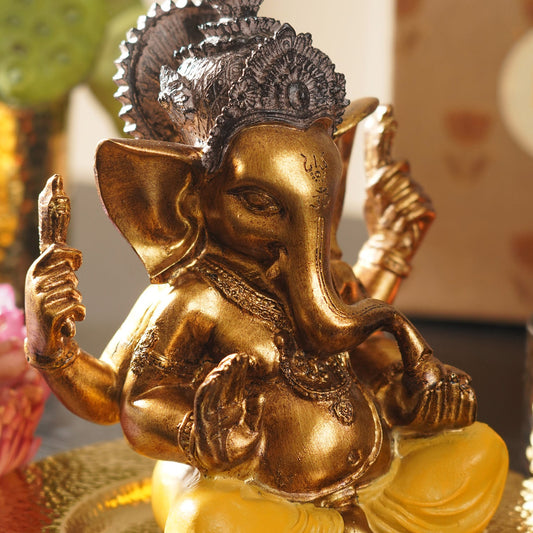 Yellow Antique Gold Polyresin Sitting Ganesha - Large