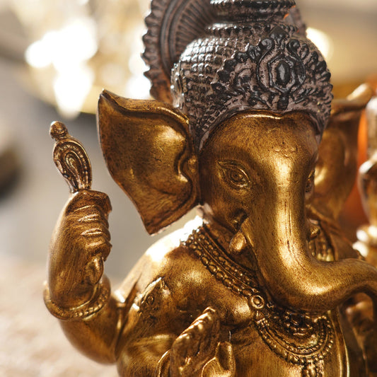 Yellow Antique Gold Polyresin Sitting Ganesha - Medium