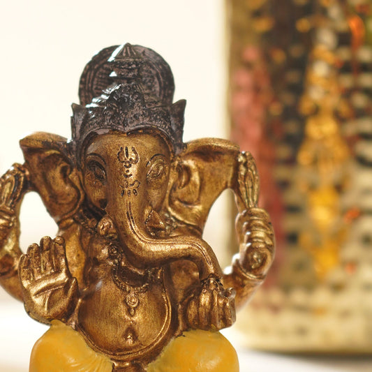 Yellow Antique Gold Polyresin Sitting Ganesha - Small