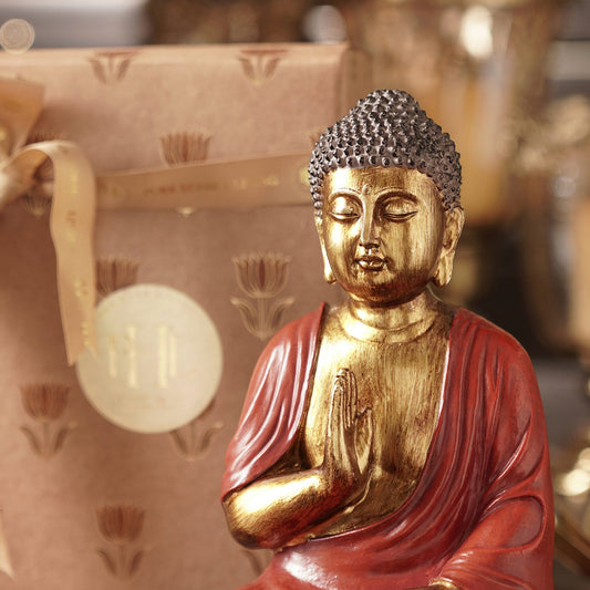 Dark Red Antique Gold Polyresin Sitting Buddha - Medium