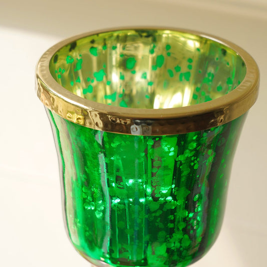 Green Glass Hurricane With Hammered Base