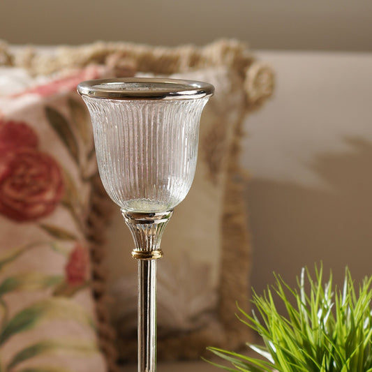 Clear Glass Ribbed Tall Candle Holder - Small