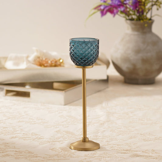 Teal Diamond Texture Candle Holder with Stand - Large
