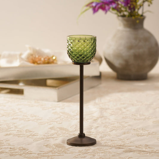 Light Green Diamond Texture Candle Holder with Stand - Large